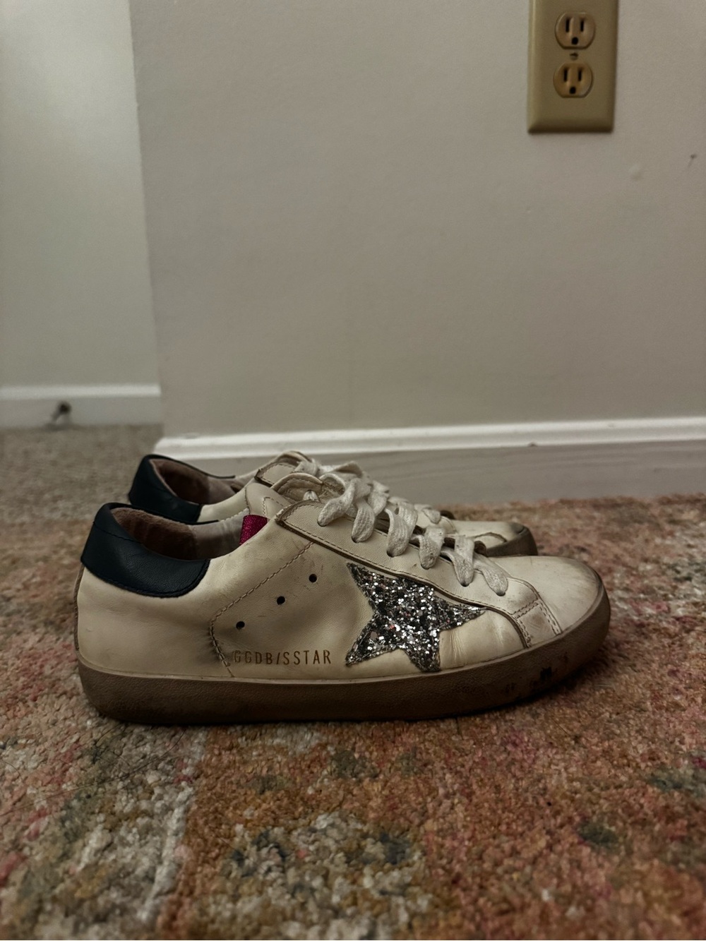 Golden Goose Off-White Leather Sneaker with Silver Glitter Star and Black Heel